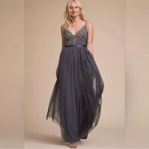 BHLDN Anthropologie Avery Beaded Tulle Maxi Dress Gown in Hydrangea Size 0
